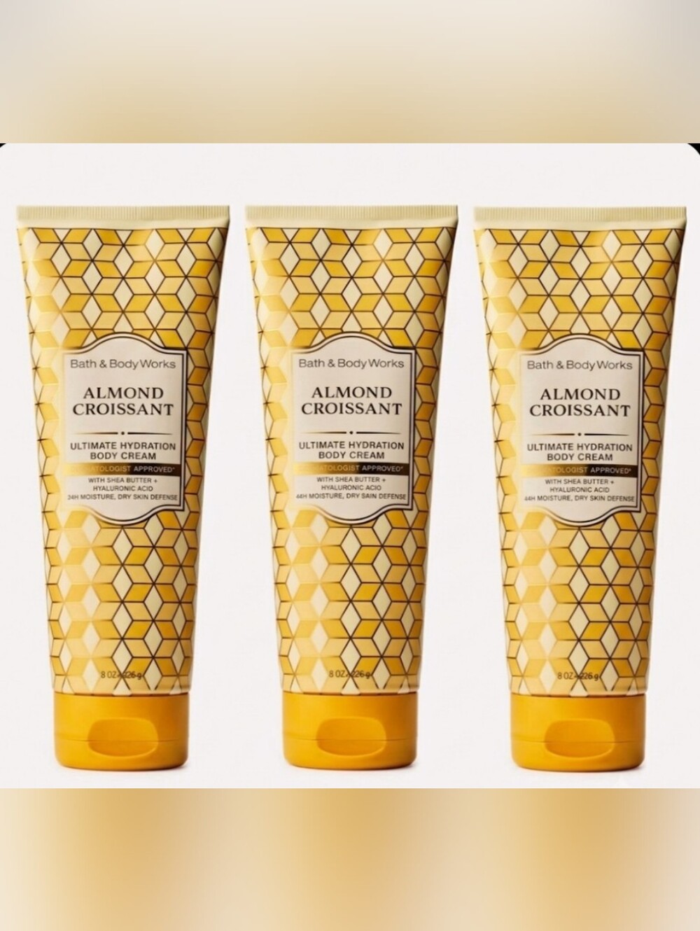 Bath & Body Works Almond Croissant Body Cream — Yellow & Gold Geometric Tube